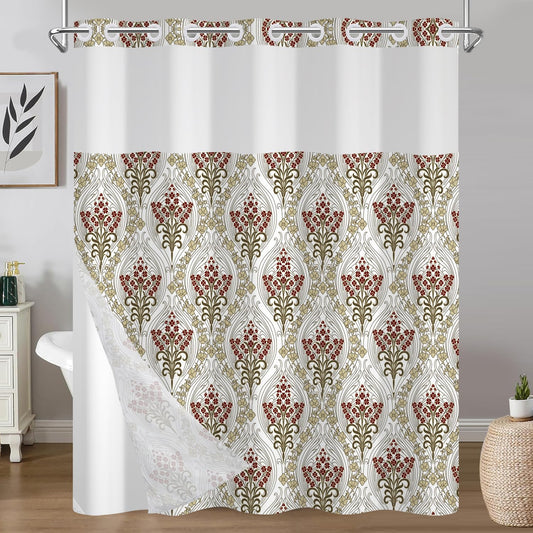 No Hook Vintage Boho Floral Shower Curtain with Liner, Modern Aesthetic Waterproof Machine Washable Fabric Shower Curtain, Red Flower Botanical Bathroom Curtains with Top Sheer Window, 71x74 Inch