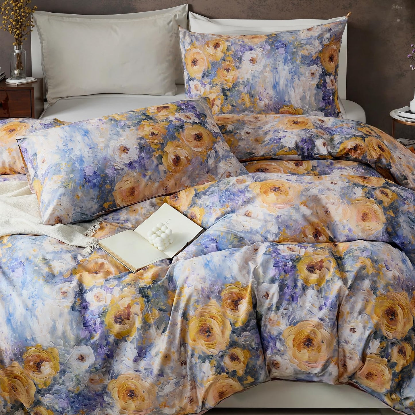Cozaline 100% Cotton Duvet Cover King Size – Impressionist Natural Yellow & Blue Floral Duvet Cover Set with Zipper Closure, 3-Piece Soft Breathable Durable Percale Cotton Bedding Set for All Seasons
