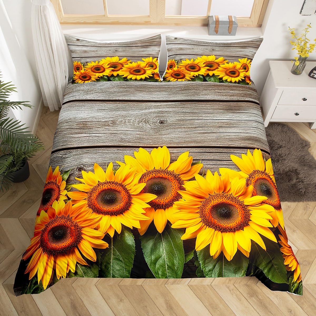 Feelyou Sunflower Duvet Cover Botanical Floral Printed Bedding Set for Kids Women Adults Yellow Blossom Flowers Comforter Cover Wooden Scenes Bedspread Cover Bedroom Collection 3Pcs Full Size