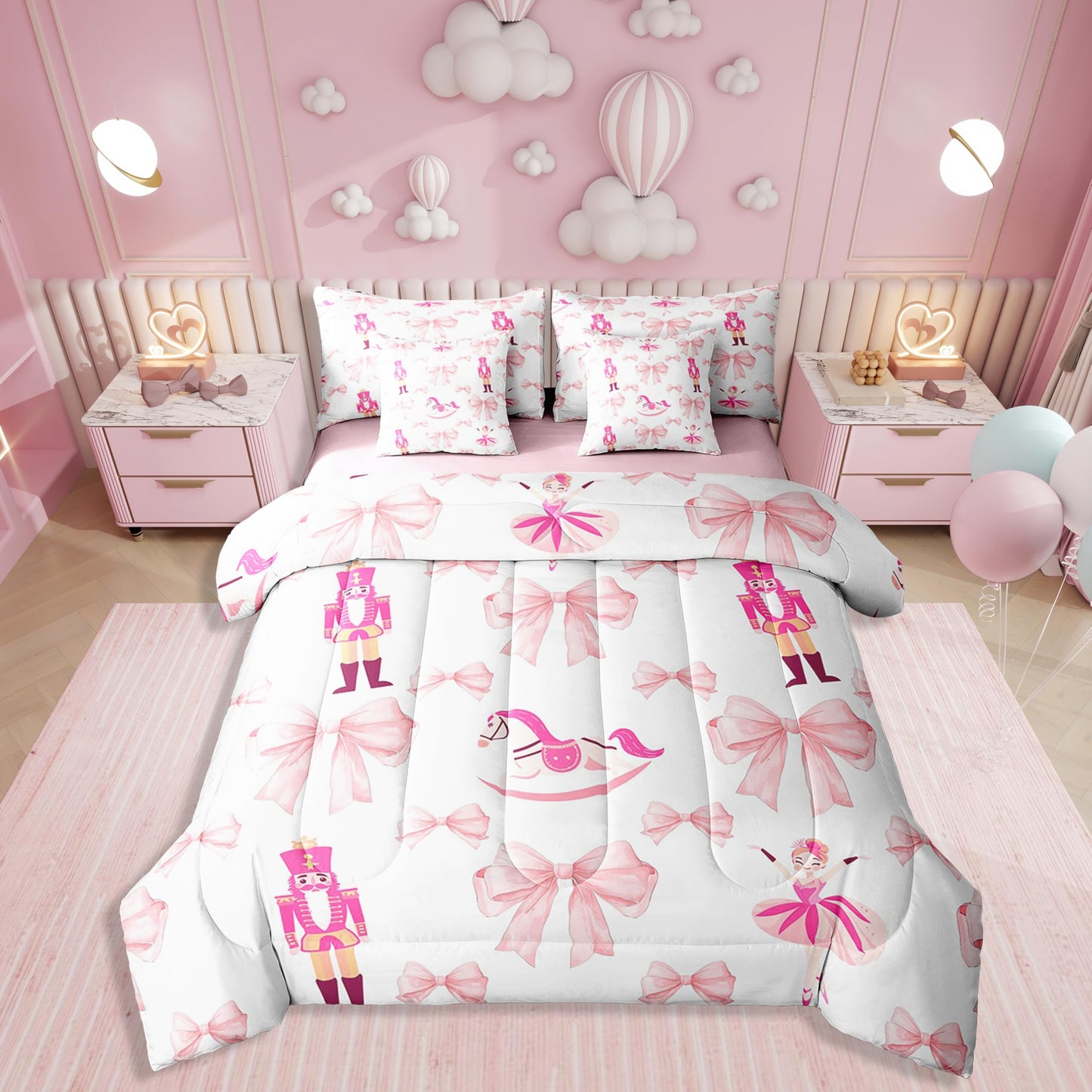 Erosebridal 7 Piece Pink Bow Comforter Set King Bed in a Bag,Cute Nutcracker Bedding Set for Girls Child,Kids Bowknot Trojans Duvet Insert,Ballet Girl Dancer Quilt,Dreamy Princess Style Sheet Set