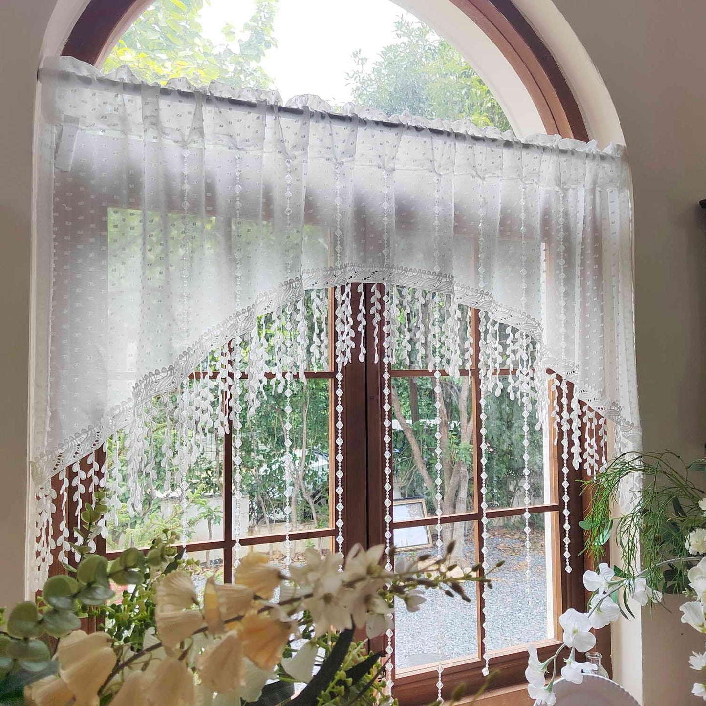 White Arched Sheer Valance Boho Pompom Short Curtain Tier with Crystal Beads for Doorways Tassels Swag Curtain Room Divider Dining Room Glass Door Rod Pocket 1Panel (W59 X L43 INCH,White)