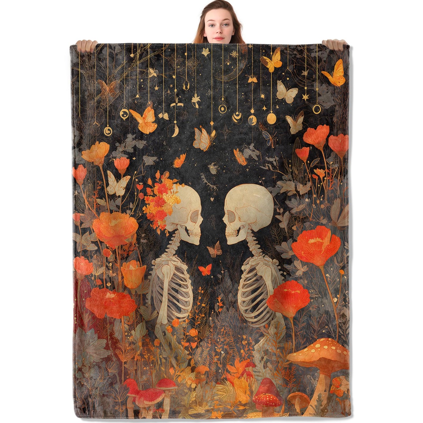 YCUFN Gothic Romantic Skull Flannel Blanket Skeleton and Flower Design Warm Lightweight Throw Blankets for Sofa Picnic Travel and Gathering Decorate All Season Use 50x60in