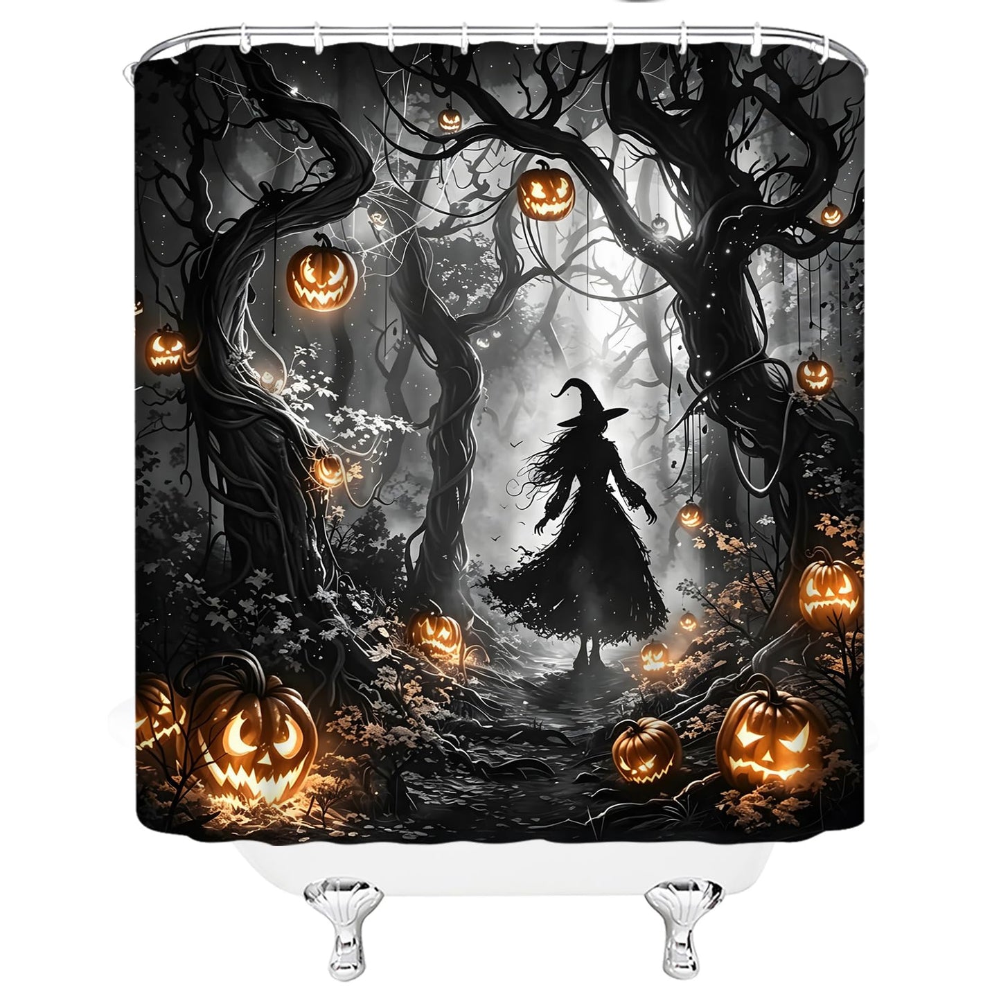DSMEUE Halloween Witch Shower Curtain,Spooky Haunted Forest with Pumpkin Decor for Bathroom,Dark Gothic Black Orange Fabric Curtain with Hooks,70x70 Inch