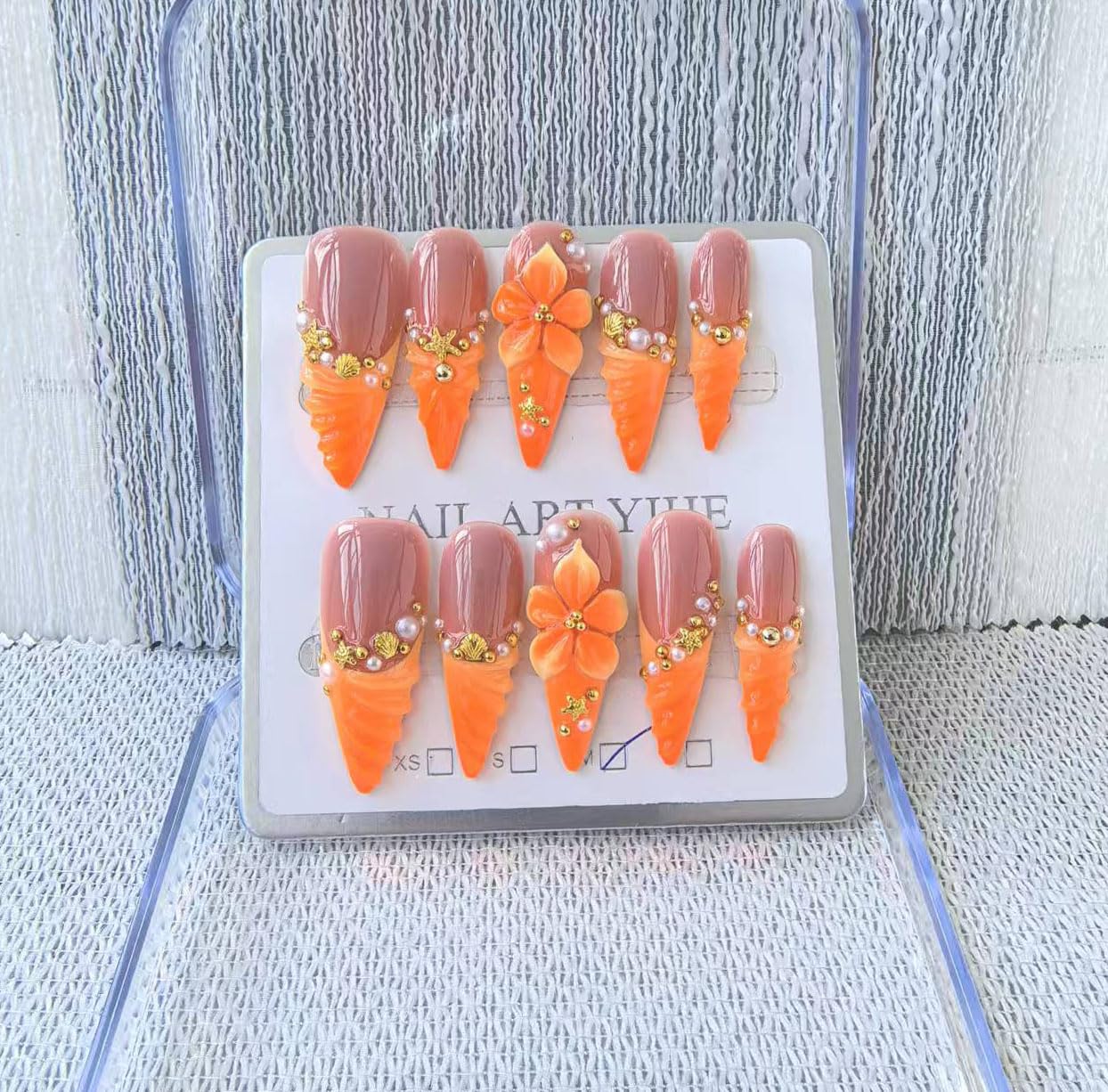 Handmade Press on Nails Long Stiletto False Nails Yellow French Tip Fake Nails with 3D Flower Designs Sparkly luxury Beach Artificial Nails for Women 10pcs (Size M）