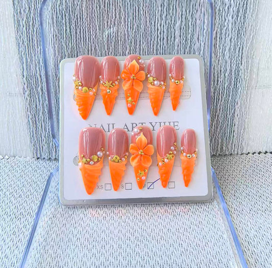 Handmade Press on Nails Long Stiletto False Nails Yellow French Tip Fake Nails with 3D Flower Designs Sparkly luxury Beach Artificial Nails for Women 10pcs (Size M）
