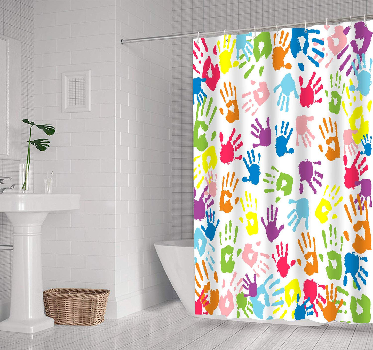 NTETSN Handprint Bathroom Curtain Watercolor Rainbow Color Bathroom Curtain for Kids Bathroom Curtain, Washable Polyester Fabric Shower Curtains, 72 X 72 Inches,LYNT128-72