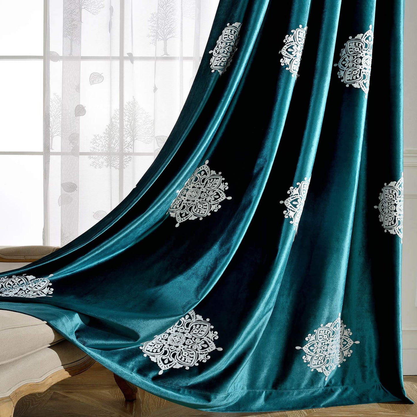 VOGOL 2 Panels Blackout Curtains for Living Room, White Flowers Embroidered Room Darkening Window Drapes for Bedroom, 52x84, Dark Green