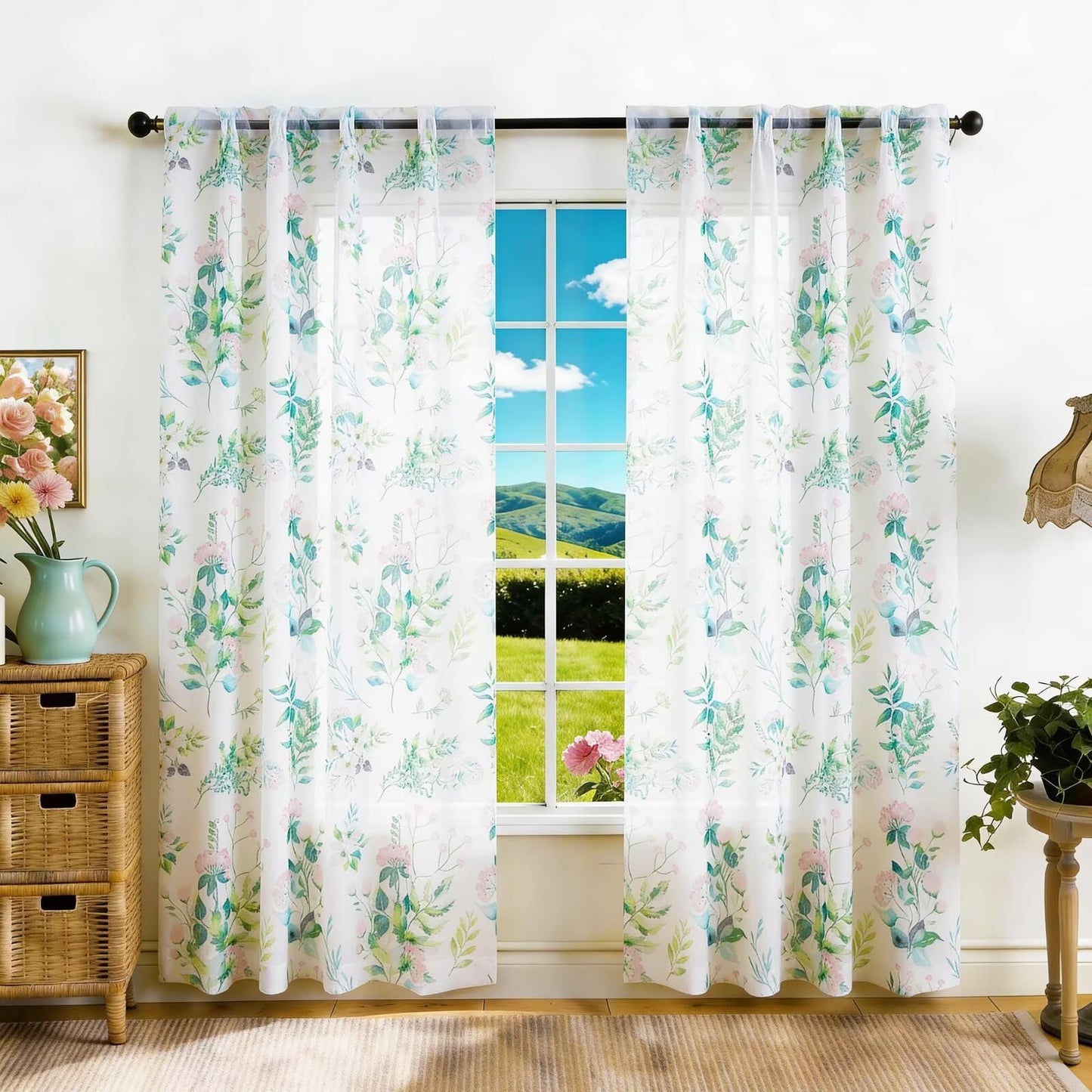 youleyar Floral Sheer Curtains for Living Room 84 Inches Long 2 Panels White Semi-Sheer Curtain with Pink Floral Printed Pattern Summer/Spring Rod Pocket Voile Drapes for Bedroom, 52" W x 84" L