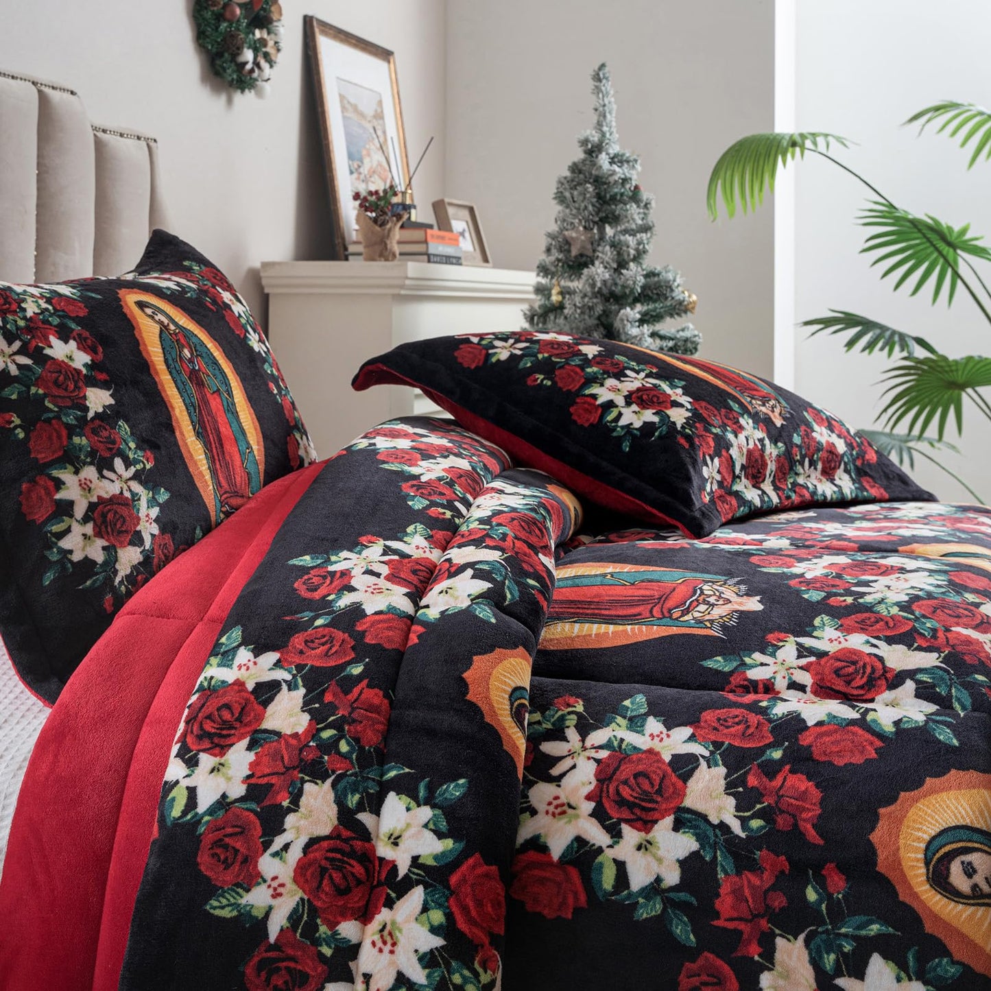 Petrichor Virgin Mary Guadalupe Velvet Flannel Queen Comforter Set-Luxury Fuzzy Heavy Bedding Set,3 Pieces Plush Winter Bed Set with Comforter (90"x90") & 2 Pillow Shams (20"x26")