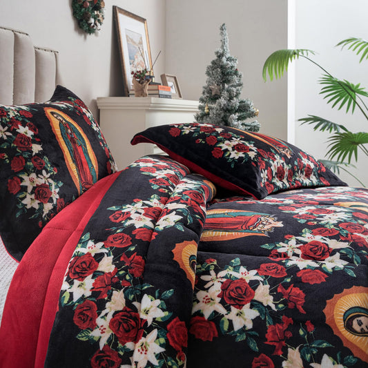 Petrichor Virgin Mary Guadalupe Velvet Flannel Queen Comforter Set-Luxury Fuzzy Heavy Bedding Set,3 Pieces Plush Winter Bed Set with Comforter (90"x90") & 2 Pillow Shams (20"x26")