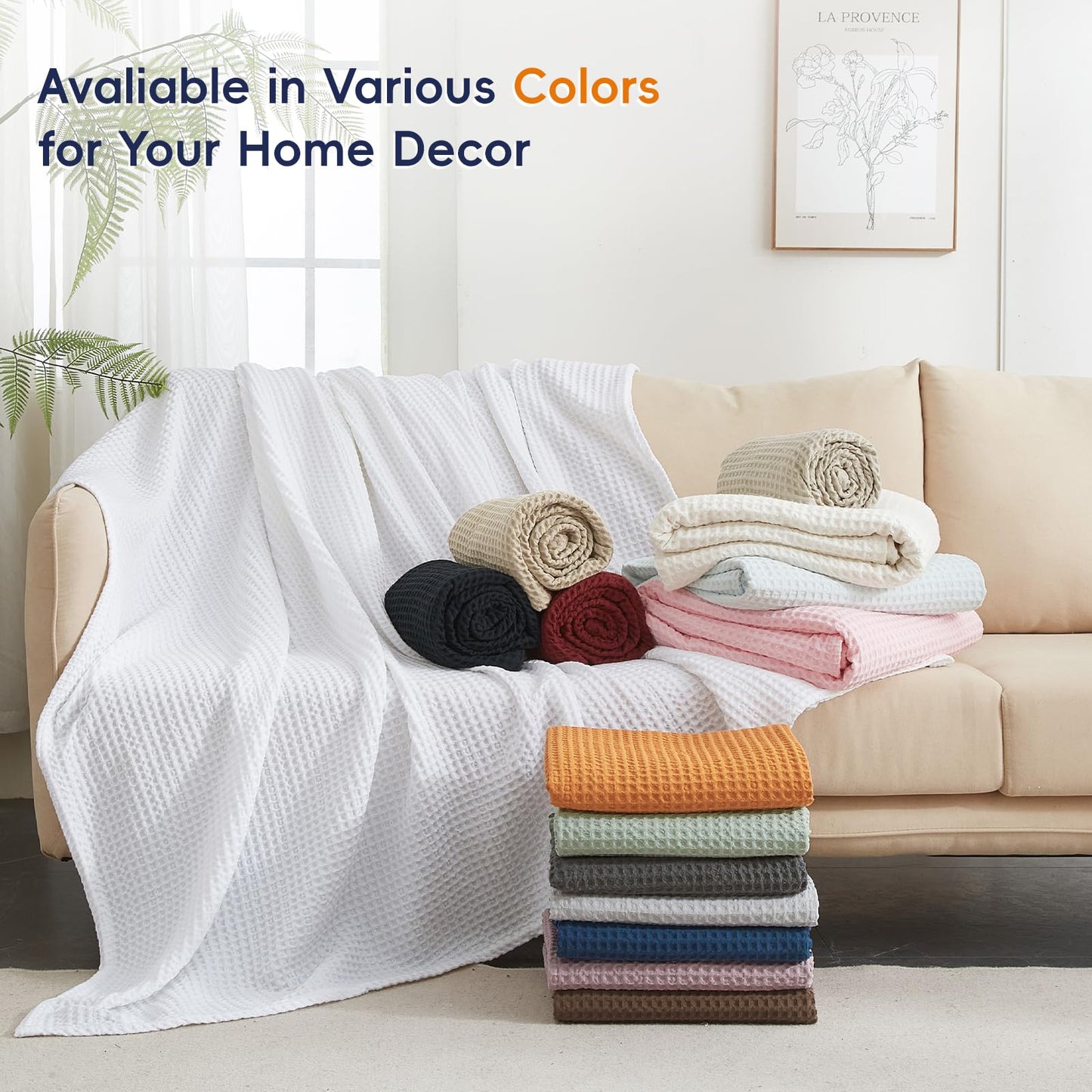 PHF Ultra Soft Waffle Weave Blanket Throw Blanket, Lightweight Breathable Cooling Skin-Friendly Throw for Spring Summer for Hot Sleeper，Aesthetic Home Decor for Bed Couch, Light Khaki/Linen, 50"* 60"