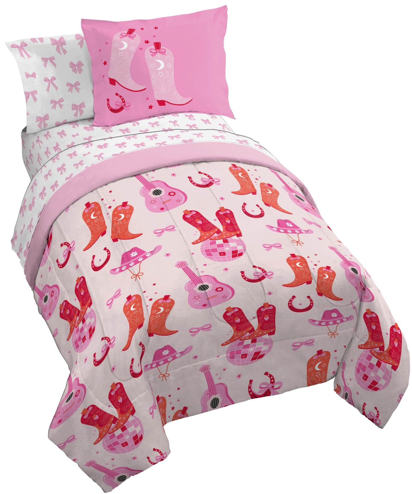 Jay Franco Kids Bed Set, Pink, Cowgirl Boots & Bows, 5 Piece Twin