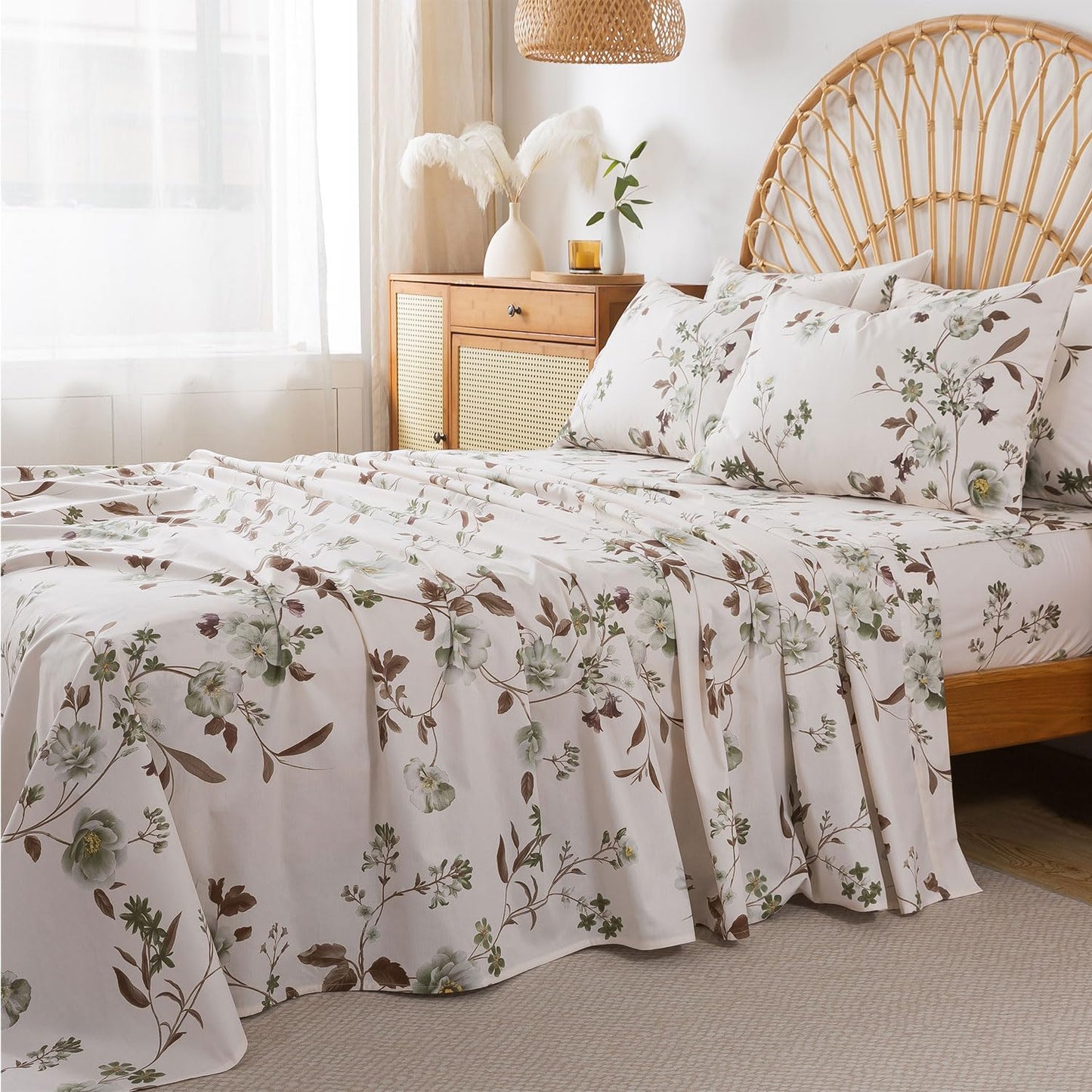 FADFAY Twin Sheets Set Percale Cotton Floral Bed Sheets Deep Pocket Fitted Sheet, Luxury Green Rose Floral Printed Shabby Bedding for All Season, Super Soft Crisp & Cool,4pcs