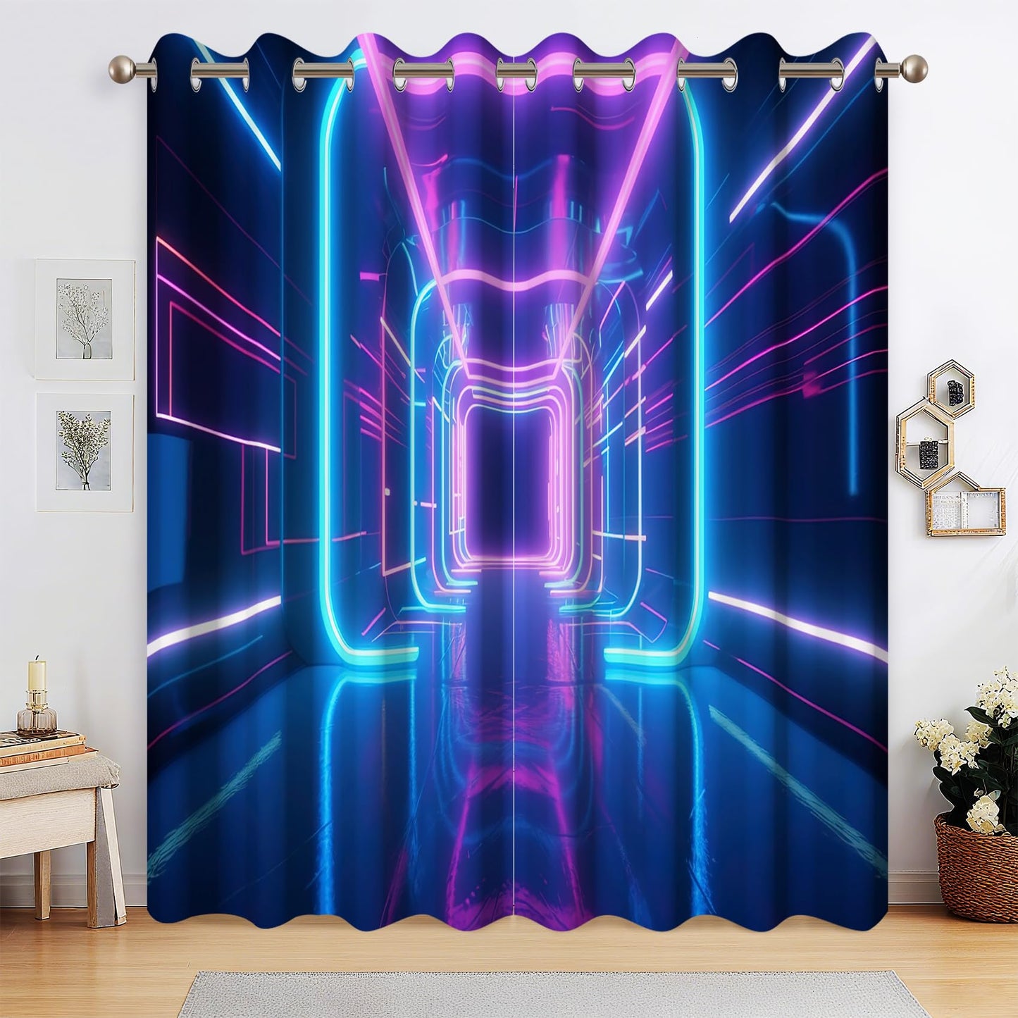 Kzzfqxb Gaming Blackout Curtains for Boys Bedroom, Science Fiction Time Tunnel Neon Light Curtains, Light Blocking Drapes for Living Room Decor with Grommets,2 Panels,Each W42 xL63