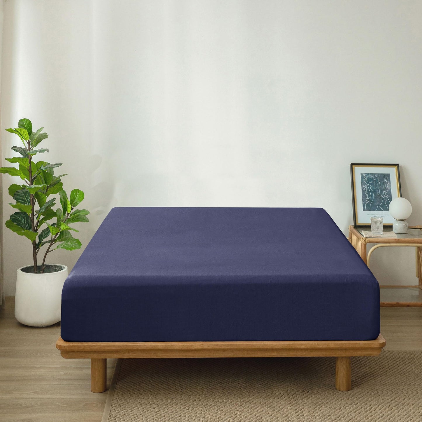 MooMee Fitted Bottom Sheet Only 100% Washed Cotton Linen Like Textured Breathable Durable Soft Comfy Deep Pocket Fits Mattress up to 17" (Dark Blue, Queen)