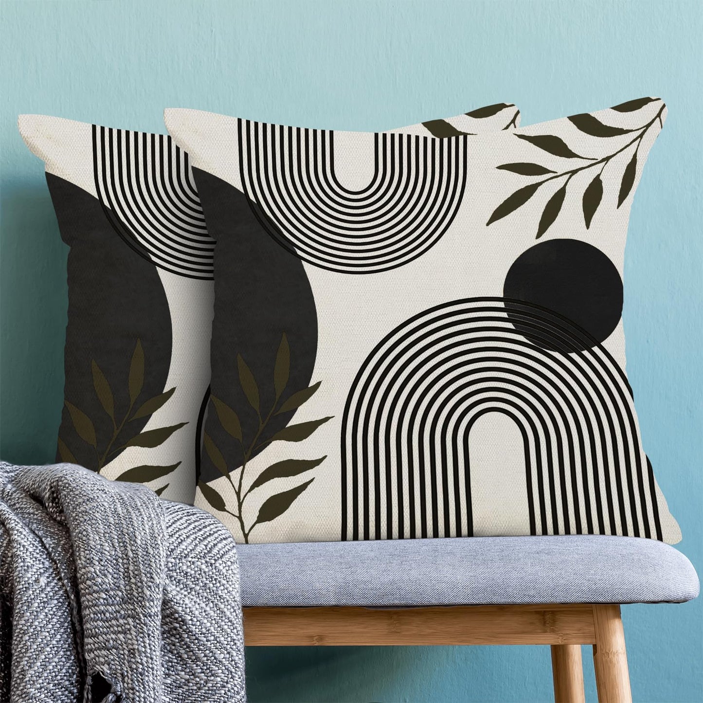 BETGINY Boho Summer Pillow Covers 20x20 Inch 2 Pcs, Black and Tropical Leaf Outdoor Decorative Throw Pillows, Mid Century Abstract Art Farmhouse Decor Pillowcase Linen Cushion Cover for Couch Sofa