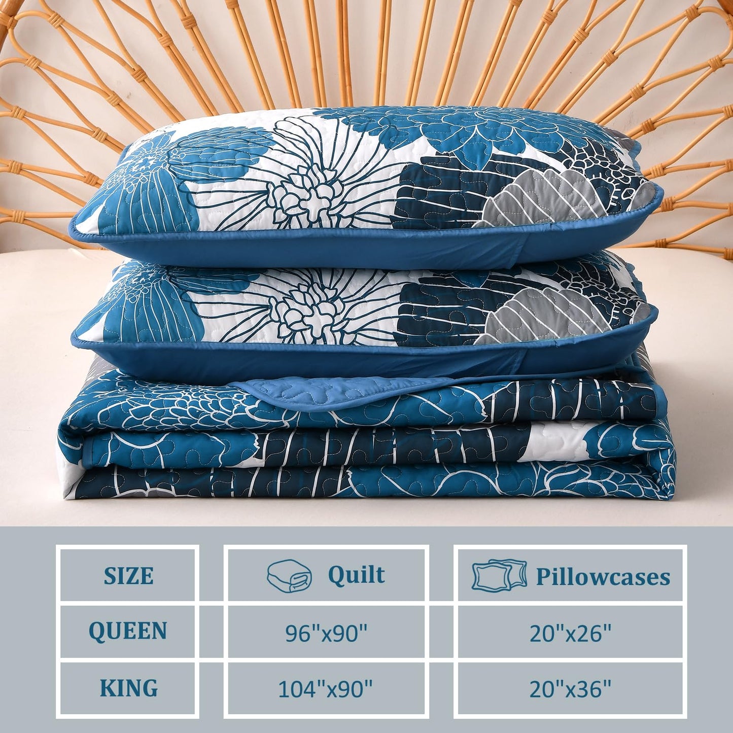 Queen Quilt Sets Blue Floral Pattern Quilt Bedding Set, 3 Pieces Botanical Quilt Bedspread Coverlet Set Soft Microfiber Bed Coverlet Bedding Set for All Season(96" x 90)