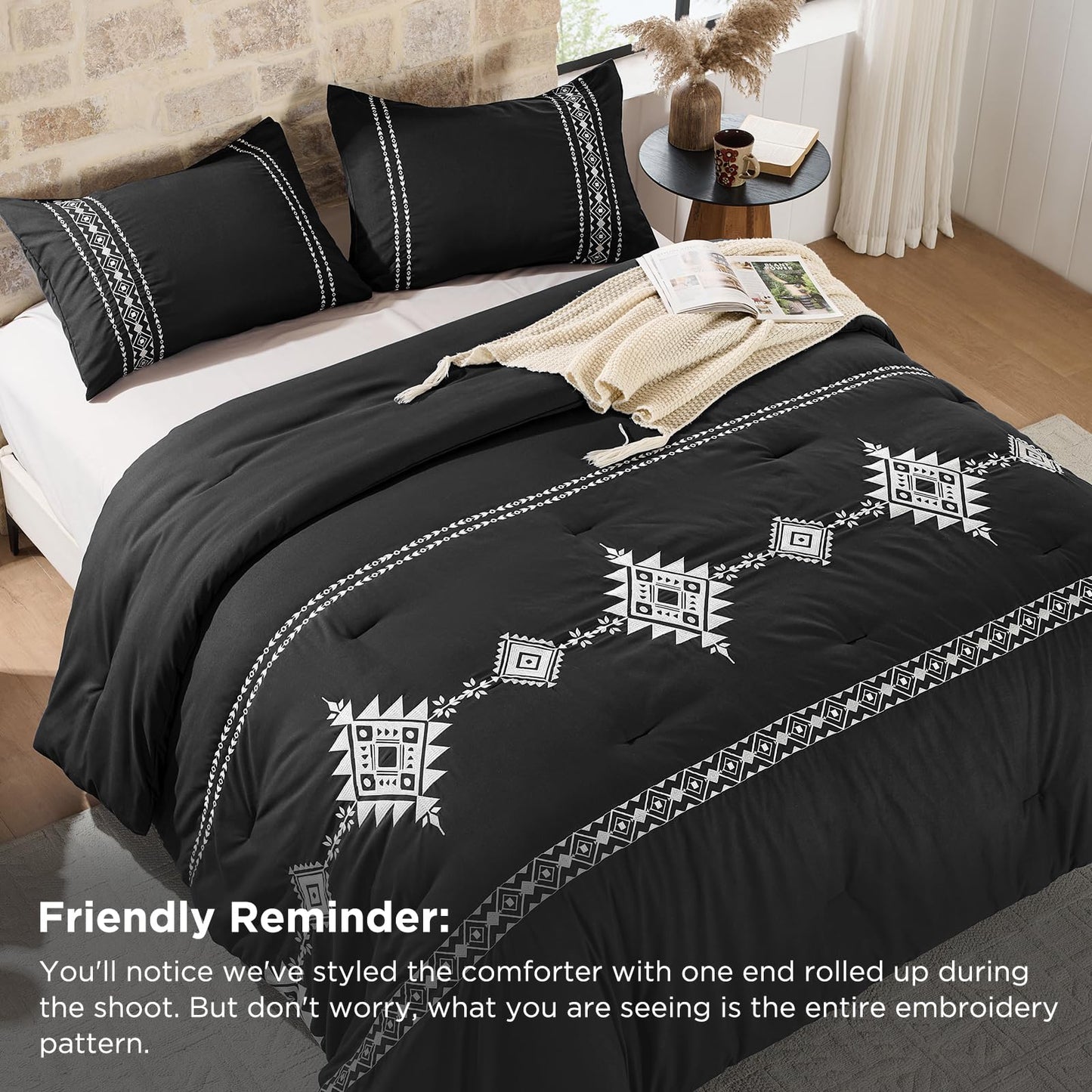 Baskbed Black Boho Embroidered Comforter Set Queen, 3 Piece Western Shabby Chic Bedding, Ultra Soft Fluffy Microfiber Comforter with 2 Pillowcases, All Season & Oeko-TEX Certified