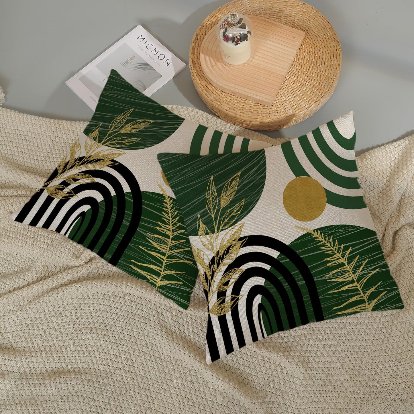 Boho Pillow Covers 18x18 Set Of Mid Century Green And Gold Leaf Art Line Throw Pillow Covers Outdoor Abstract Modern Bohemian Decor Farmhouse Linen Decorative Cushion Cover for Home Sofa Couch