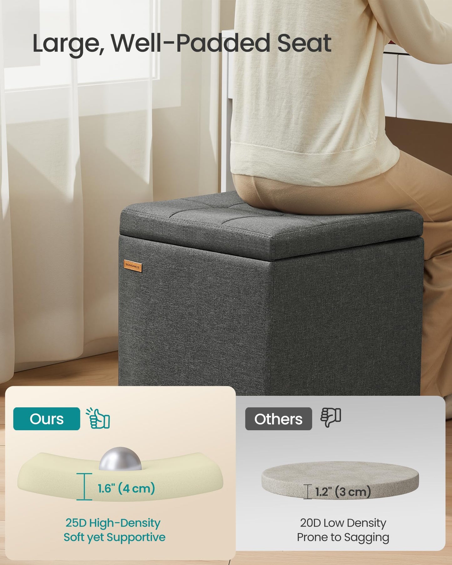 SONGMICS Square Storage Ottoman, Foot Stool Footrest with Legs, Ottoman Cube with Hinged Lid, for Living Room, Bedroom, 16.9 x 16.9 x 18.1 Inches, Linen-Look Fabric, Slate Gray ULOM509GN01