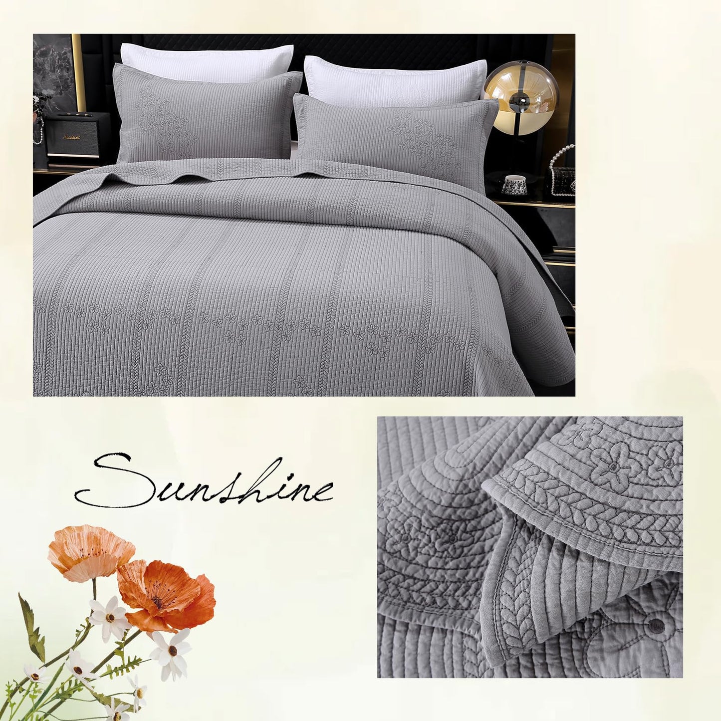 ROOMLIFE Quilt Set Queen Size 3D Floral Embroidery Pattern 3-Piece Cotton Reversible Quilted Embroidered Decorative Bedspreads Coverlet Bedding Set, Lightweight &Soft, All Season(90" X 98") Grey