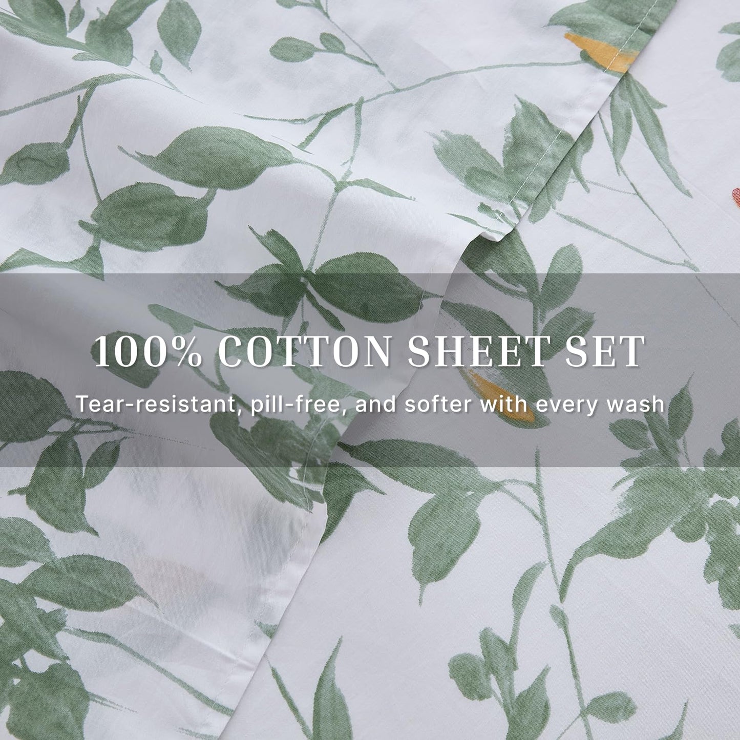 Cozaline 100% Cotton Sheets Set King Size – 4 Pieces Luxury Breathable Percale Cotton Bedding with Deep Pockets, Crisp Cool Feeling, Soft&Durable, Refined Botanical Elegance, Green Floral Bed Sheets