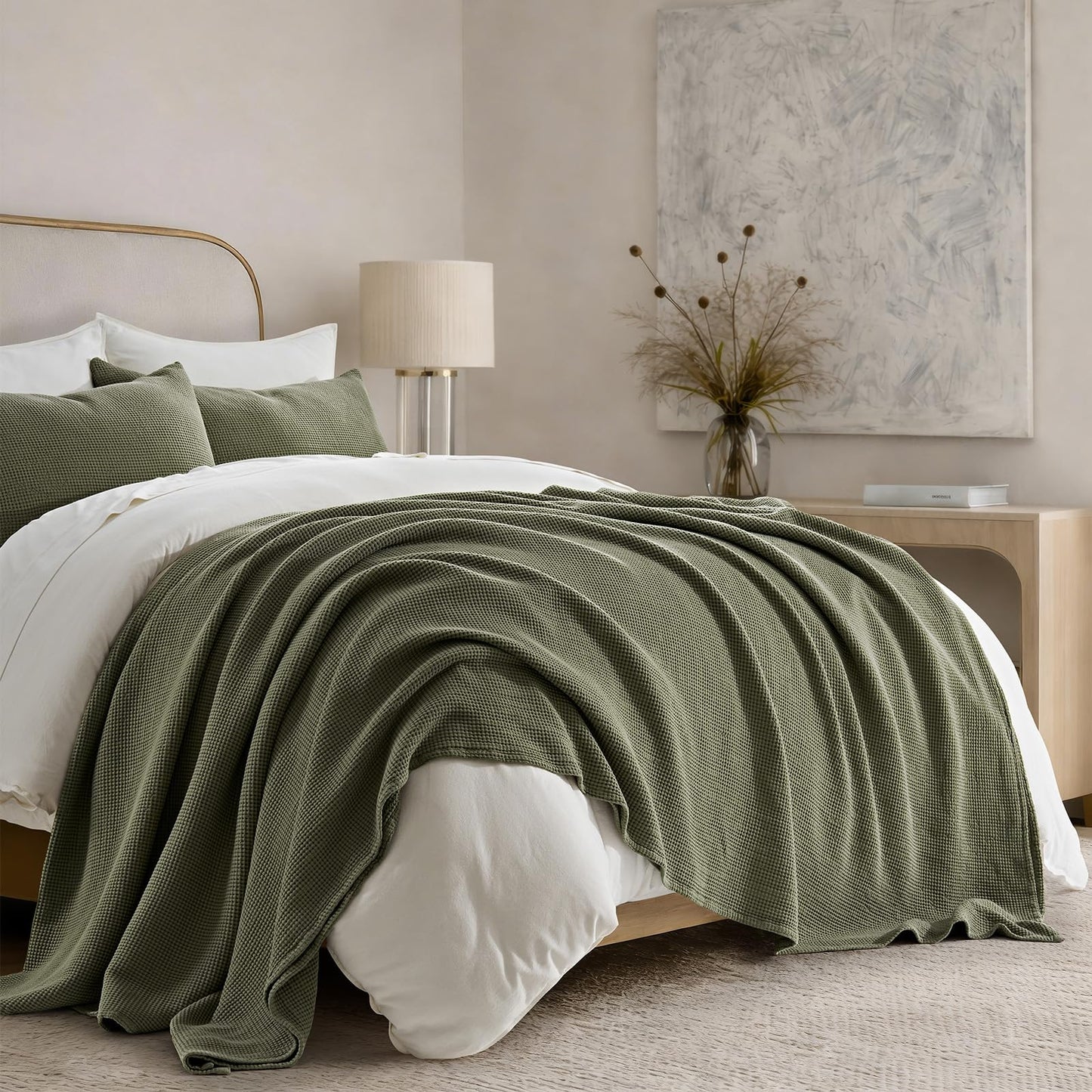 EverGrace 100% Cotton Waffle Bed Blanket Queen Size, Soft Premium Cotton Coverlet Set with 2 Matching Shams, Lightweight All Season Bedding Set, Oversized Bedspread 92x96, Olive Green