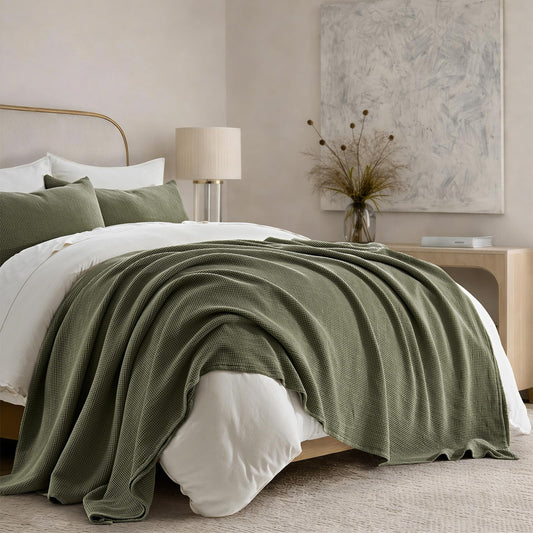 EverGrace 100% Cotton Waffle Bed Blanket Queen Size, Soft Premium Cotton Coverlet Set with 2 Matching Shams, Lightweight All Season Bedding Set, Oversized Bedspread 92x96, Olive Green