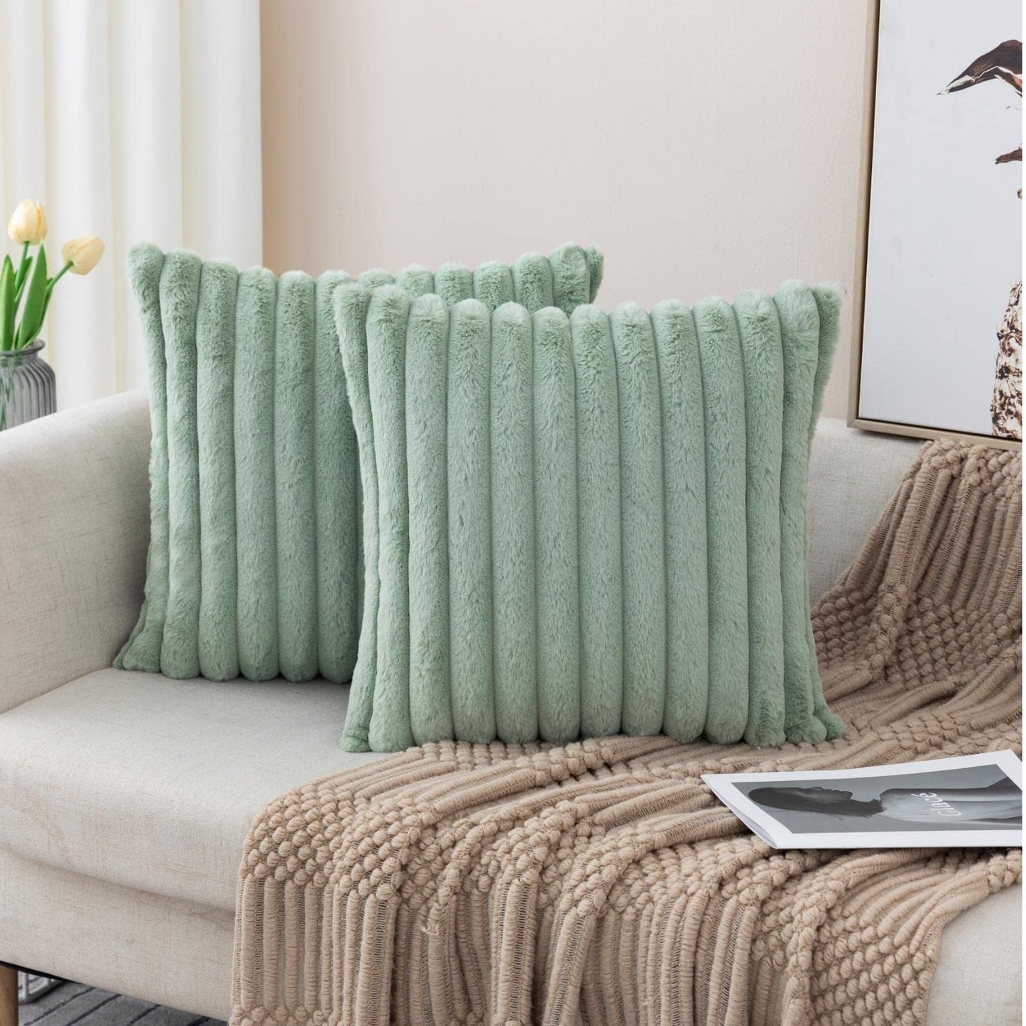 ZLINA Set of 2 Light Green Faux Fur Decorative Throw Pillow Covers Fluffy Striped Pillowcase Cushion Covers 16 x 16 Inch Decor Sofa Couch Bedroom