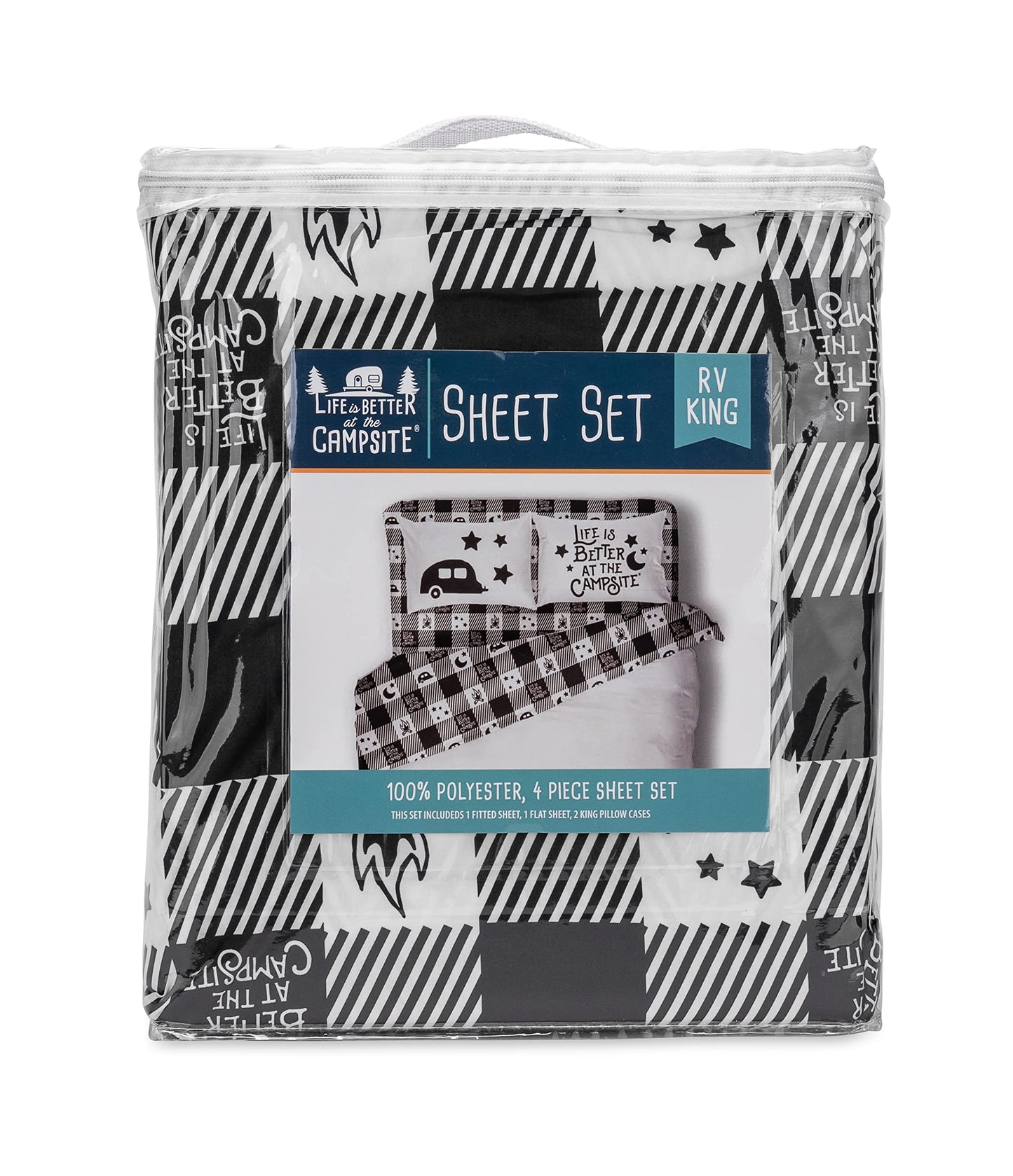 Camco Life is Better at The Campsite Camper/RV King Sized Bed Sheet Set | Features Camping Theme Design on Buffalo Plaid Pattern | Crafted of Soft Machine Washable Polyester | 4-Piece Set (53474)