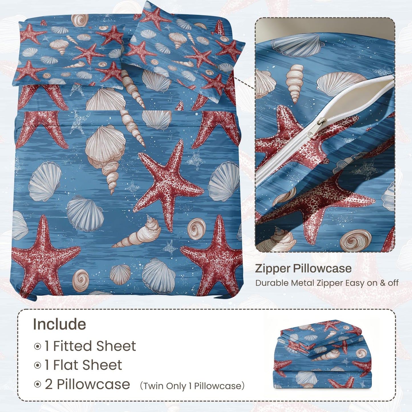 Starfish Queen Sheet Set Seashell Flat Fitted Sheet Sets