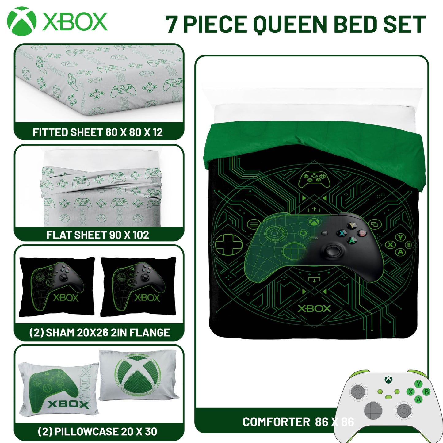 Jay Franco Kids Comforter Set Includes Sheets and Pillow Covers - Soft and Cozy Bed Set for Stylish Room Decor, Official Licensed Product, White - Xbox, 7 Piece Queen