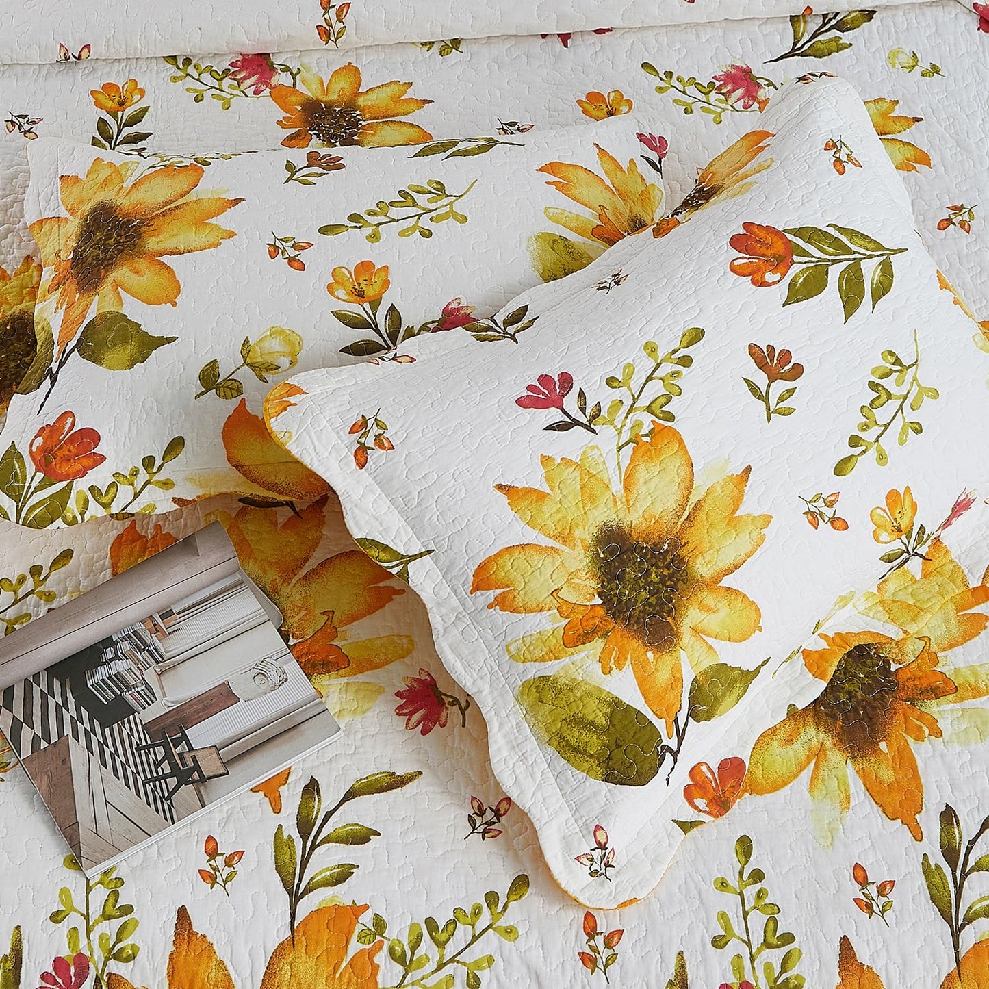 Cmfshape Floral Quilt Sets Bedspread Set,100% Cotton Yellow Sunflower Bedding Set,Reversible Lightweight Soft Bedspread Coverlet for All Season with 2 Pillow Shams(Queen 92"x96")