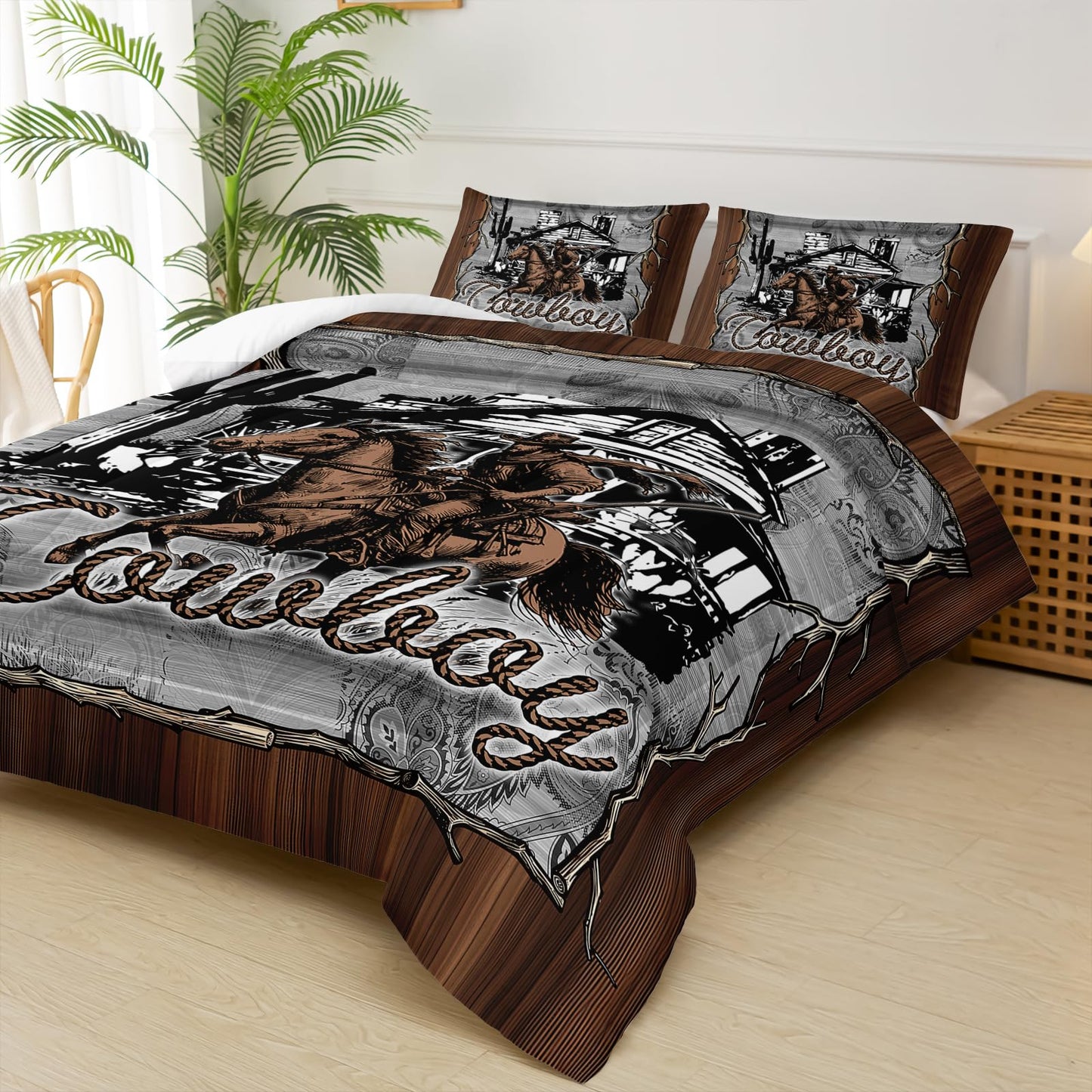 lneffble Brown Western Cowboy Comforters Twin Size，Boys Twin Size Bedding Set Cowboy Themed，with 1 Comforter with 2 Pillow Case，Western Bedroom Decor for Boys Men Kids