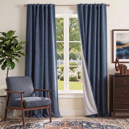 jinchan Burlap Look Curtains Blackout Curtains for Bedroom Lined Linen Textured Curtain for Living Room 84 Inches Long French Country Farmhouse Window Curtains 2 Panels Blue Curtains