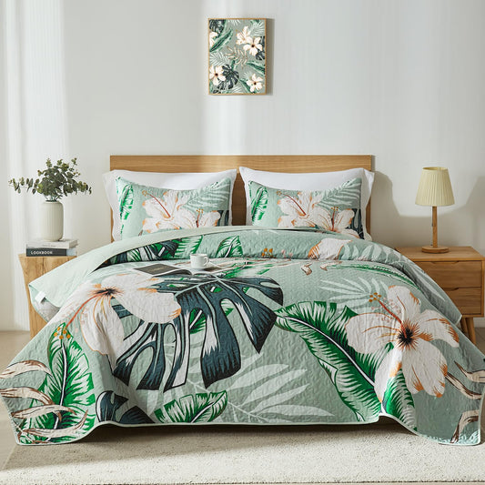 Yogeneg King Quilt Bedding Set,White Botanical Pattern Sage Green King/Cal King Quilt Set,3 Piece Lightweight Soft Summer Bedspread Coverlet with 2 PIillow Shams,All Season(Sage Green,110"x96")