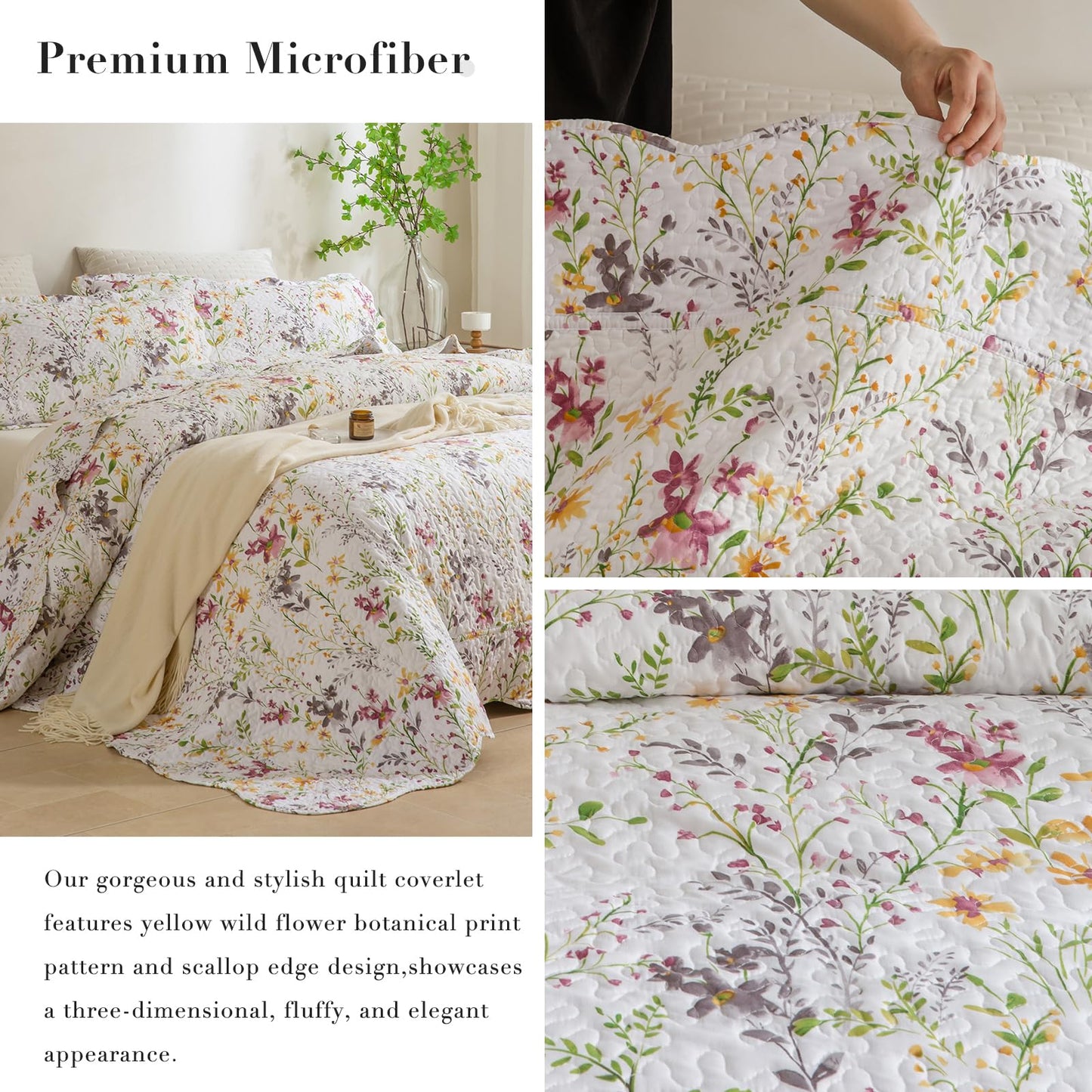 Masaca Oversized King Bedspread 128"x120",Yellow Wild Flower Botanical Printed Pattern Floral Oversized King Quilt Set Lightweight Scallop Extra Large California King Size Quilt Bedding Coverlet Set