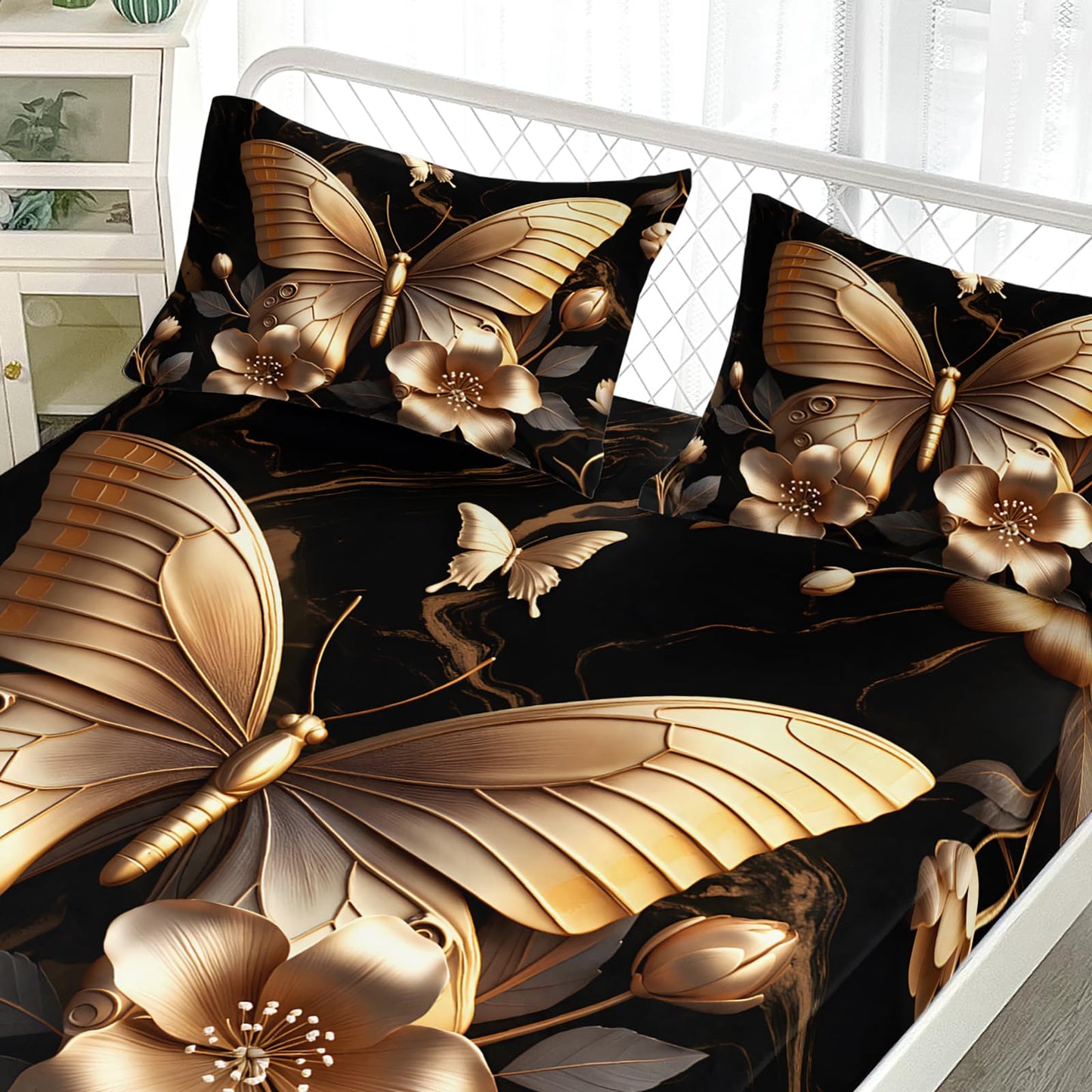 AILONEN Butterfly Bedding Set Queen Size, 3Pcs Golden Floral Butterfly Soft Bed Sheet Set for Girls Women,Beautiful Butterflies Fitted Sheet with 2 Pillowcases