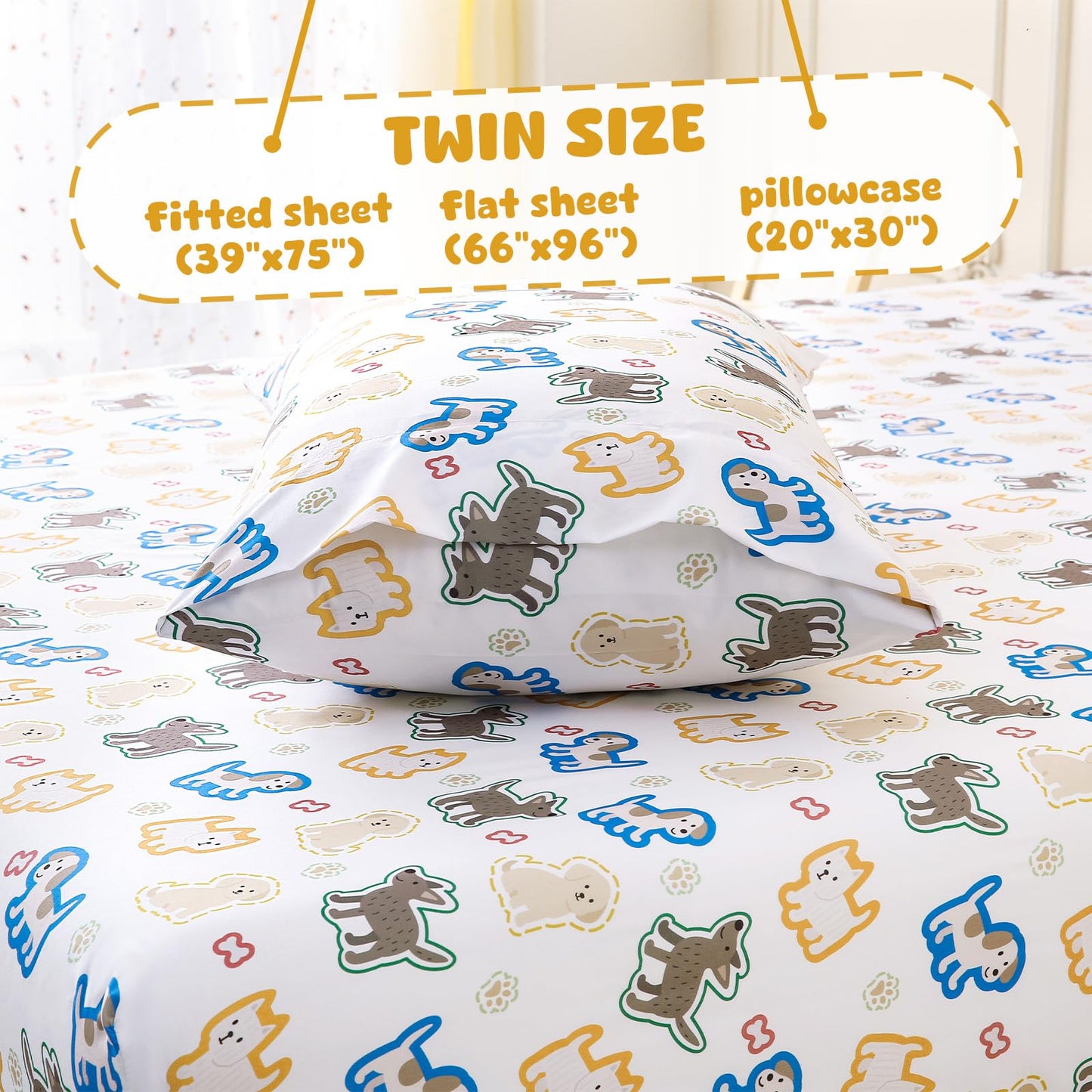 LONAVA Twin Sheet Set Kids - 3 Pieces Soft Microfiber Cartoon Style Bedsheets for Boys Girls Teens, Oeko TEX, Breathable Deep Pocket Sheets (Colorful Puppy)