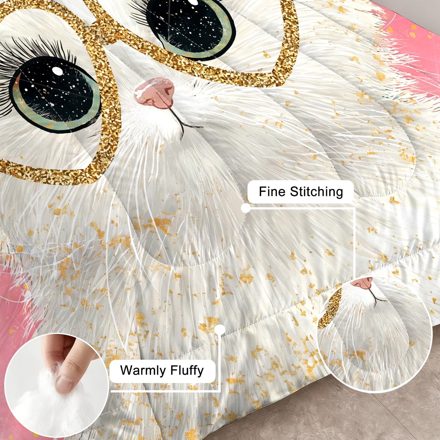 VTKON Cute White Cat Bedding Set Twin Size Pink Glitter Heart Glasses & Rainbow Bow Comforter Set Kawaii Cat Print Bed Set for Girls Bedroom Kitten Toddler Quilt Set with 1 Comforter + 1 Pillowcase