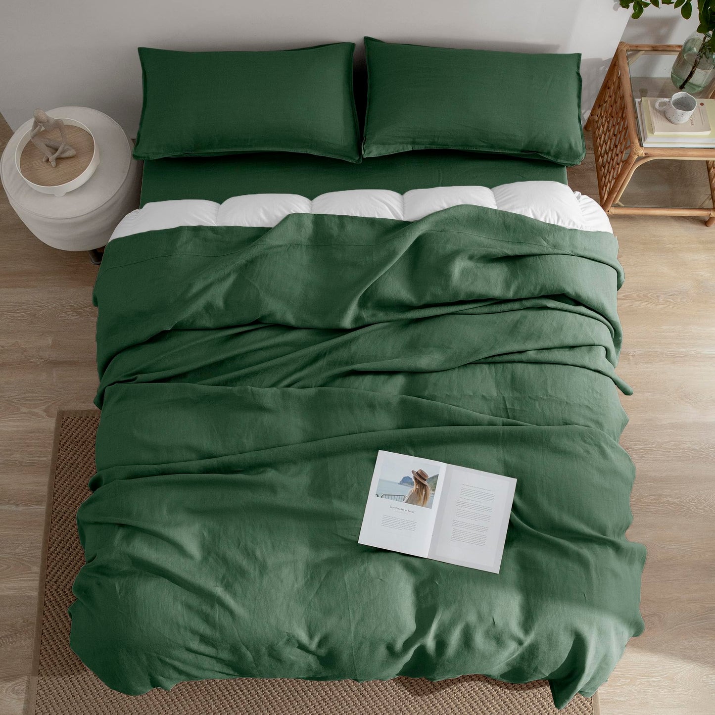EVERLY Linen Twin Size Sheets Set,100% French Washed Pure Linen Bed Sheets Deep Pocket Sheets,3Pieces(1Flat Sheet,1Fitted Sheet,1Pillowcase) Suitable for Hot Sleepers,180GSM Dark Green Bedding Set