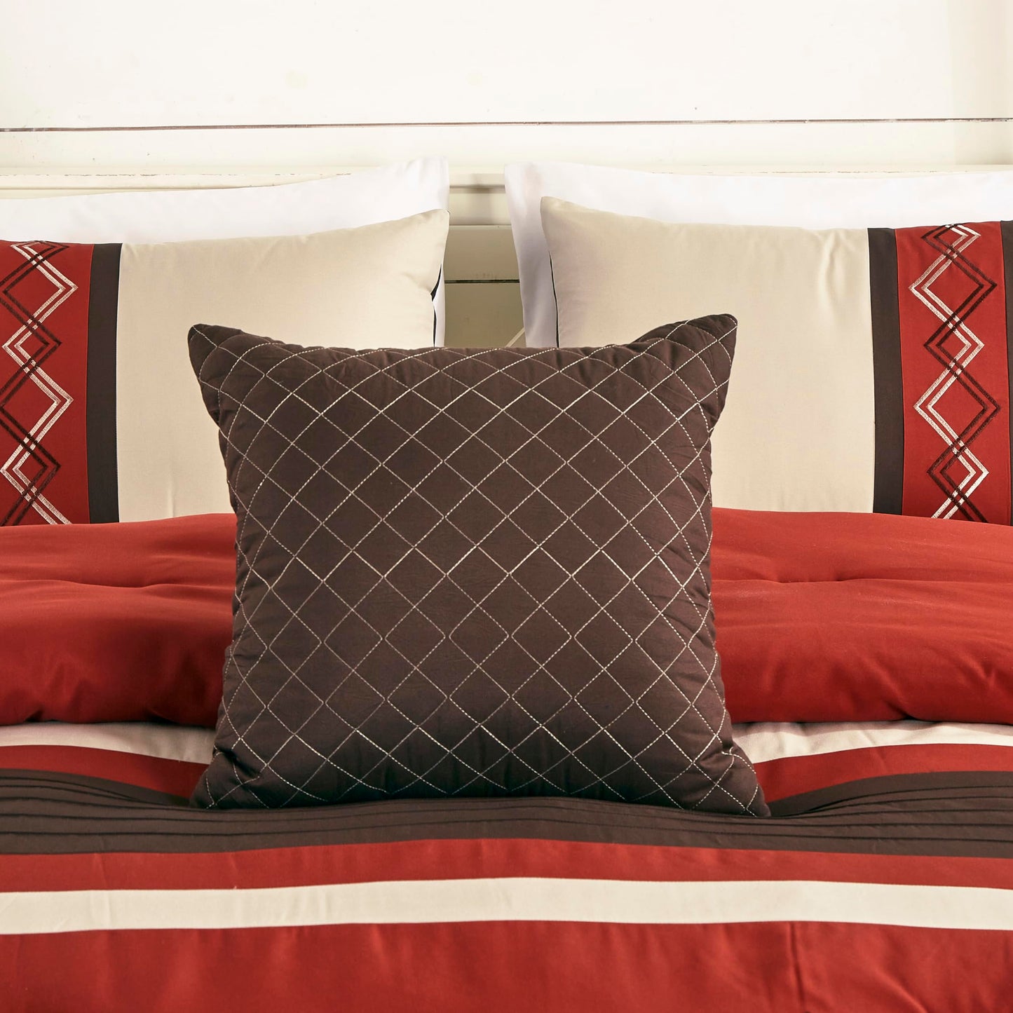 Chezmoi Collection Arden 7-Piece Modern Pleated Stripe Embroidered Zigzag Bedding Comforter Set (King, Spice/Brown/Coffee Cream)