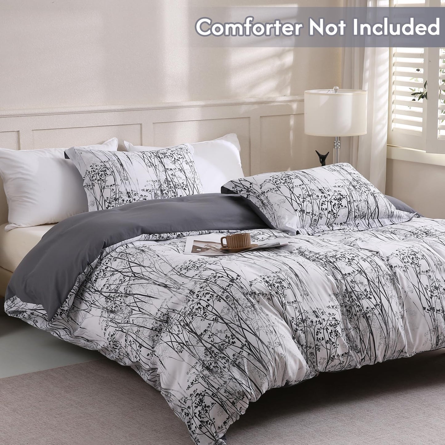 LONAVA Queen Botaincal 3 Pcs Duvet Cover Set, Breathable Soft Microfiber Deep Grey Lining Comforter Cover with Zipper Closure, and 2 Anti-Pilling, Fade Resistant Pillowcases, Winter Forest
