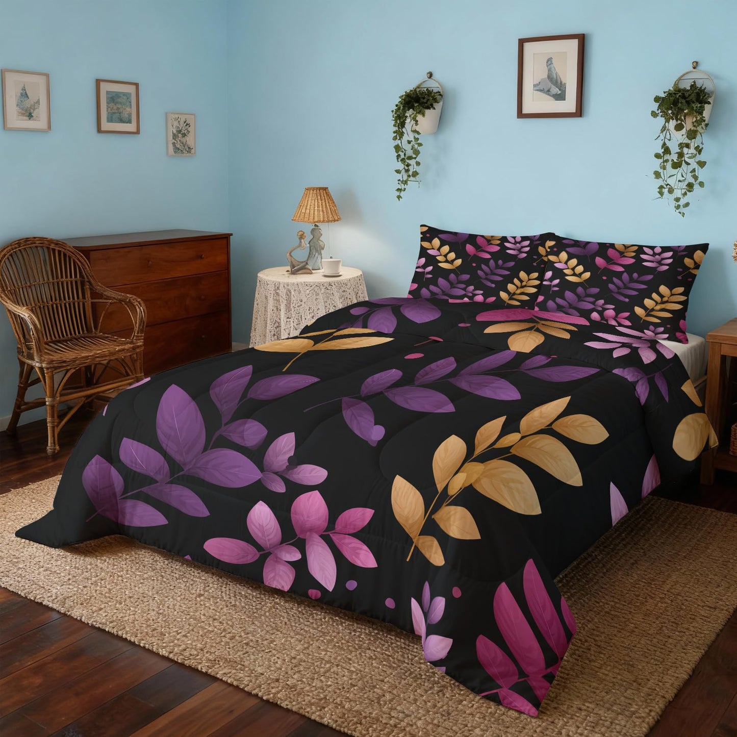 Flumoxa Branch Comforter Set King, Purple Yellow Leaf Comforter Down Alternative All Season Bedding, Branch Bed Sets King Size with Pillowcase, Bedroom Decor