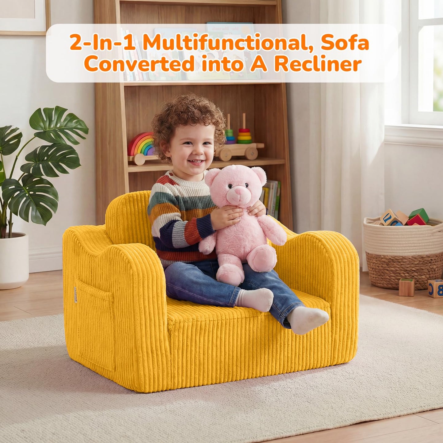 MeMoreCool Kids Couch, 2-in-1 Corduroy Kids Couch Fold Out to Recliner, Comfy Kids Chair for Ages 3+, Cushioned Foam Kids Sofa with Washable Cover for Playroom and Bedroom, Mustard Yellow