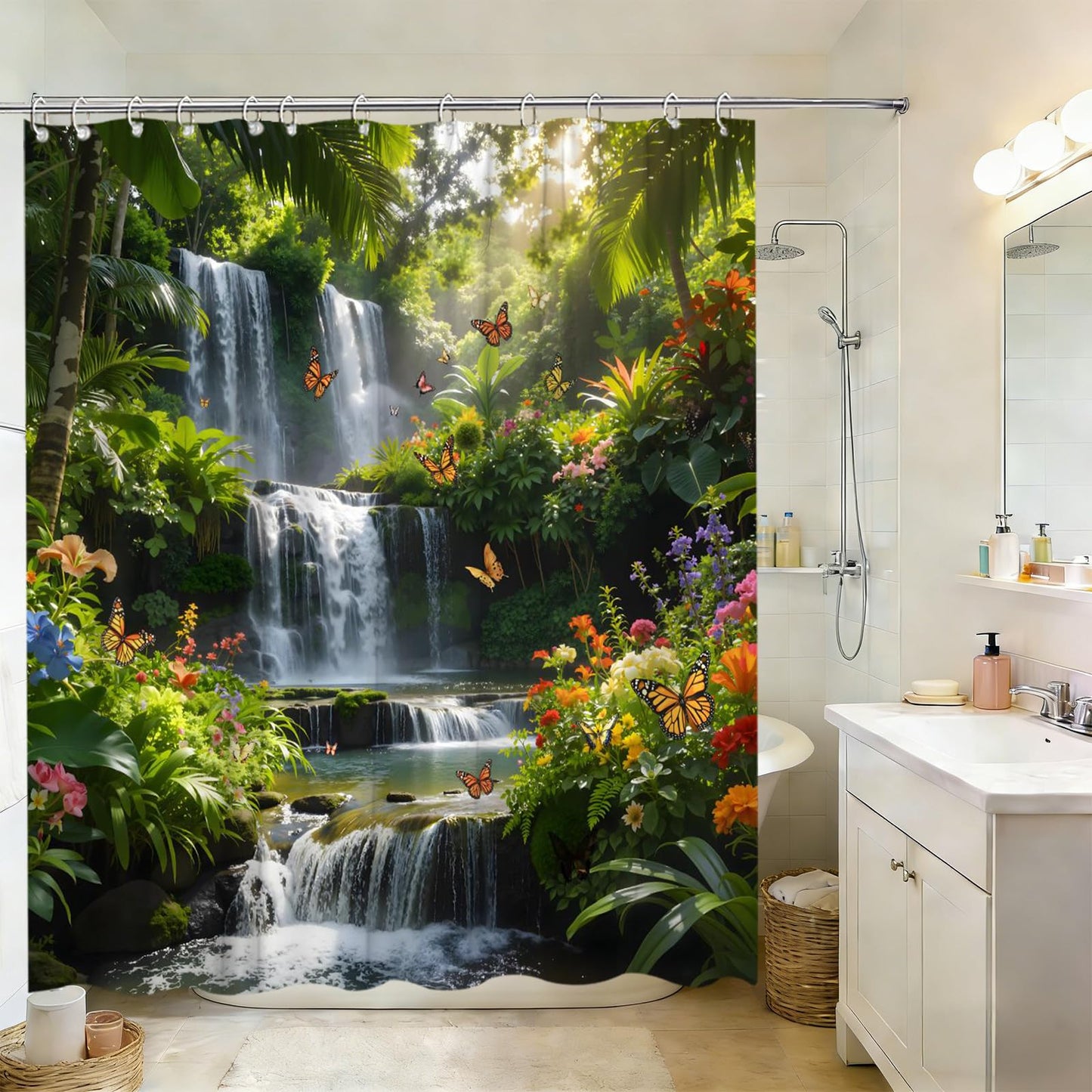 Forest Waterfall Shower Curtain Fantasty Spring Garden Flowers Butterflies Green Plants Streams Sunshine Rustic Natural Scenery Bathroom Decor Polyester Fabric Curtains with Hooks 70" W X 70" L