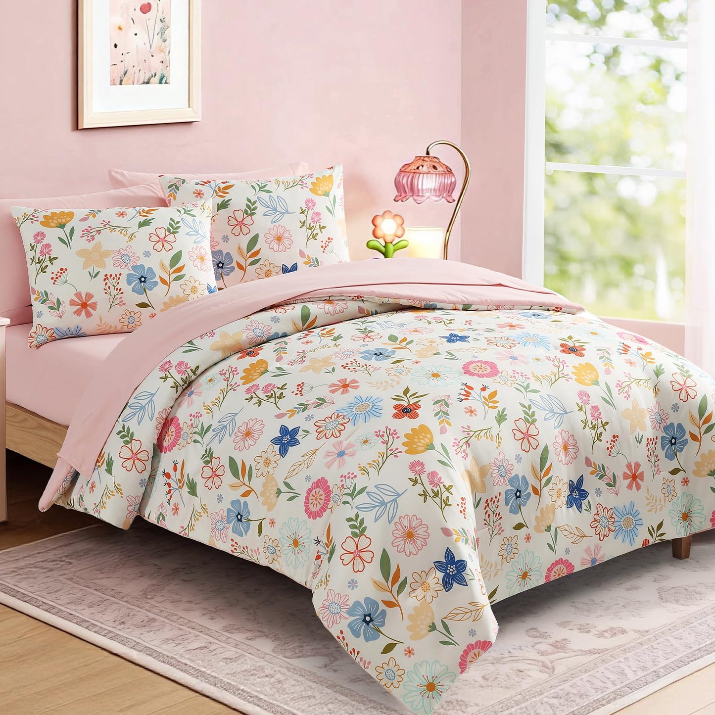 Kaleido Space Twin Comforter Set for Girls Kids - 5 Pieces Pastel Garden Patterns Twin Bedding Sets for Girls Teen, Soft Cozy Bed in A Bag with Sheets