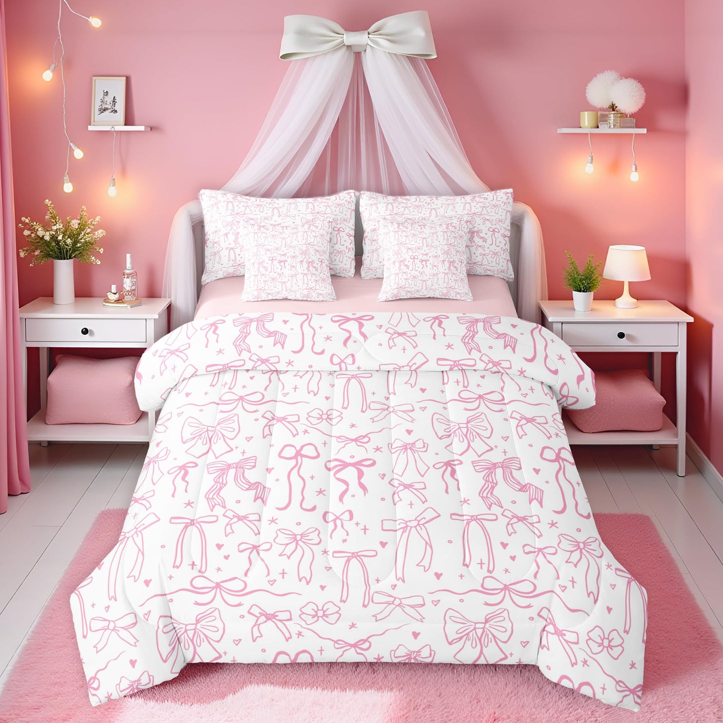 Pink Bowknot Kids Girls 7Pcs Comforter Set Full Size,Cartoon Hand Drawn Stars Love Bow Fitted Flat Sheet,Sweet Princess Style Bedding Set for Teens Woman Room Decor,Dreamy Pink White 4 Pillow Cover
