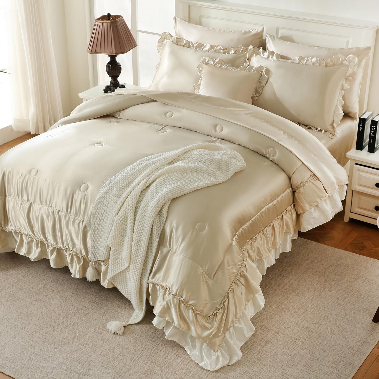 Bedbay Satin King Size Comforter Set with Sheets,Shabby Ruffled Bed Comforter 8 Pcs,Elegant Ruffle Room Decor Aesthetic Comforter King Bed in a Bag Set,Silk Like Satin Luxury Silky Bed Set