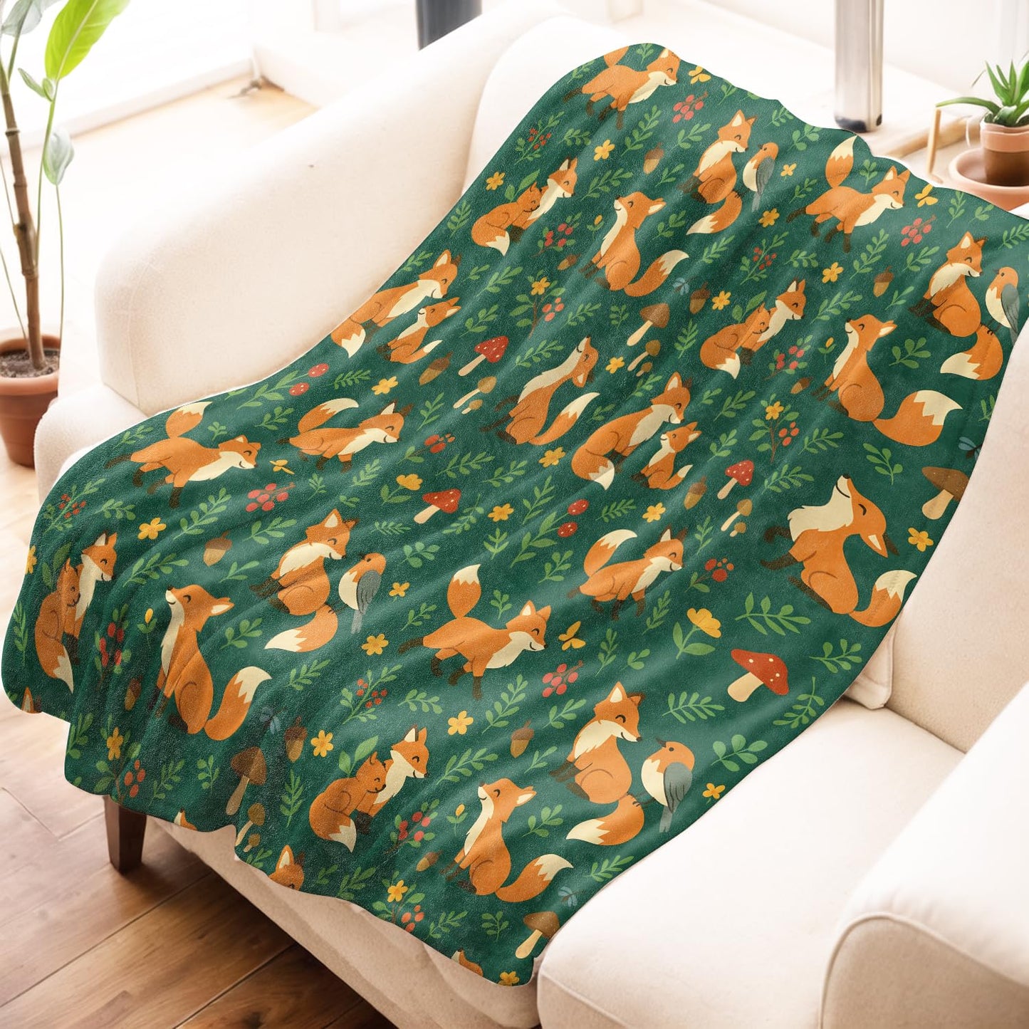 Mniedc Fox Forest Woodland Blanket, Cute Animal Nature Flannel Throw Blankets, 50"x60", Soft Warm Lightweight Fuzzy Cozy Throws for Couch Bed Sofa Camping Decorative Gifts for Kids Boys Girls, Green
